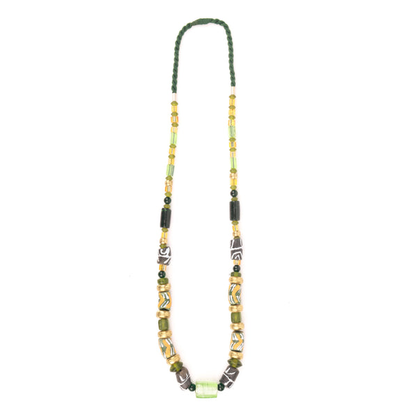 Long Necklace with Silver Foil Glass Bead with Brass, Glass & Hand Painted Ceramic Beads