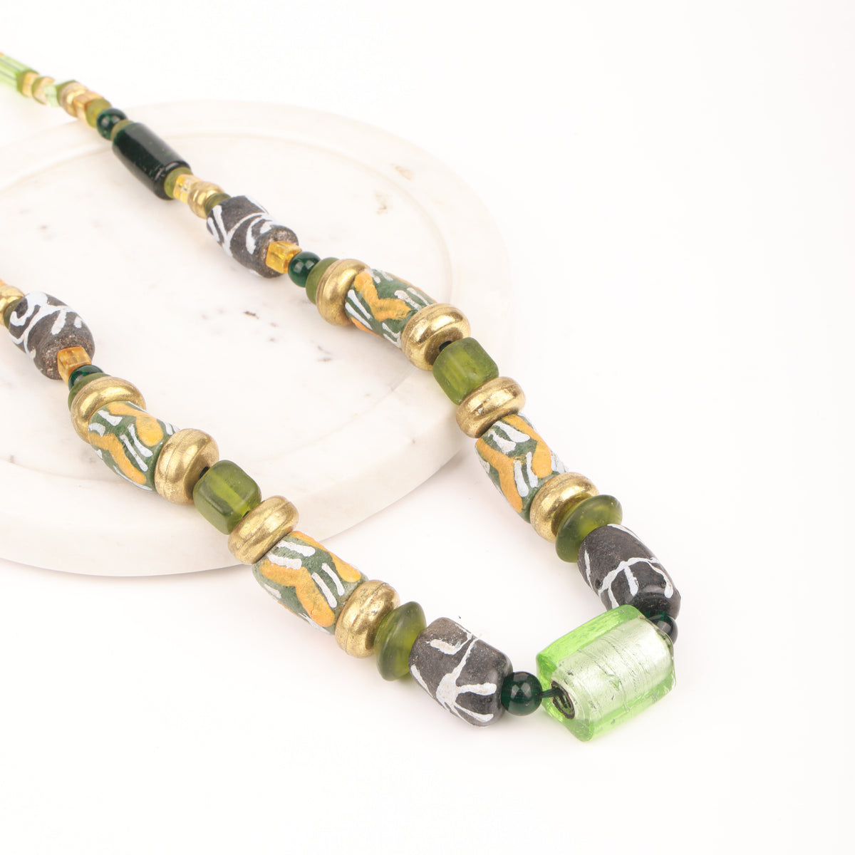 Long Necklace with Silver Foil Glass Bead with Brass, Glass & Hand Painted Ceramic Beads
