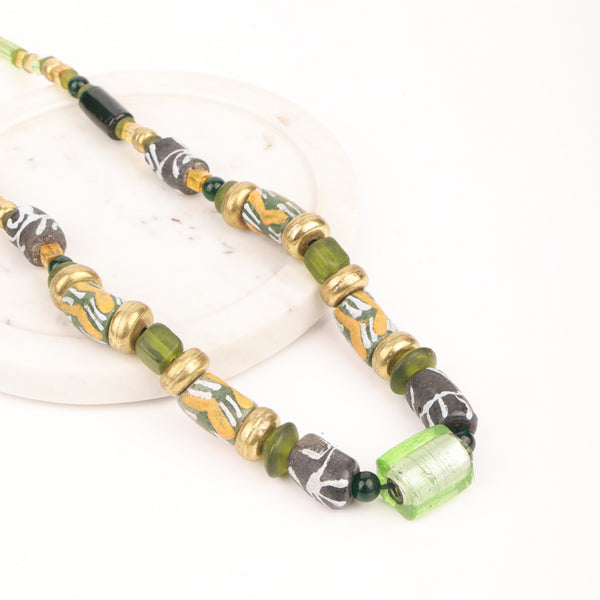 Long Necklace with Silver Foil Glass Bead with Brass, Glass & Hand Painted Ceramic Beads