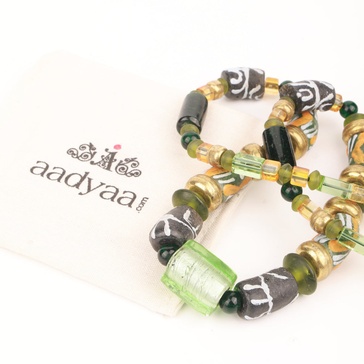Long Necklace with Silver Foil Glass Bead with Brass, Glass & Hand Painted Ceramic Beads