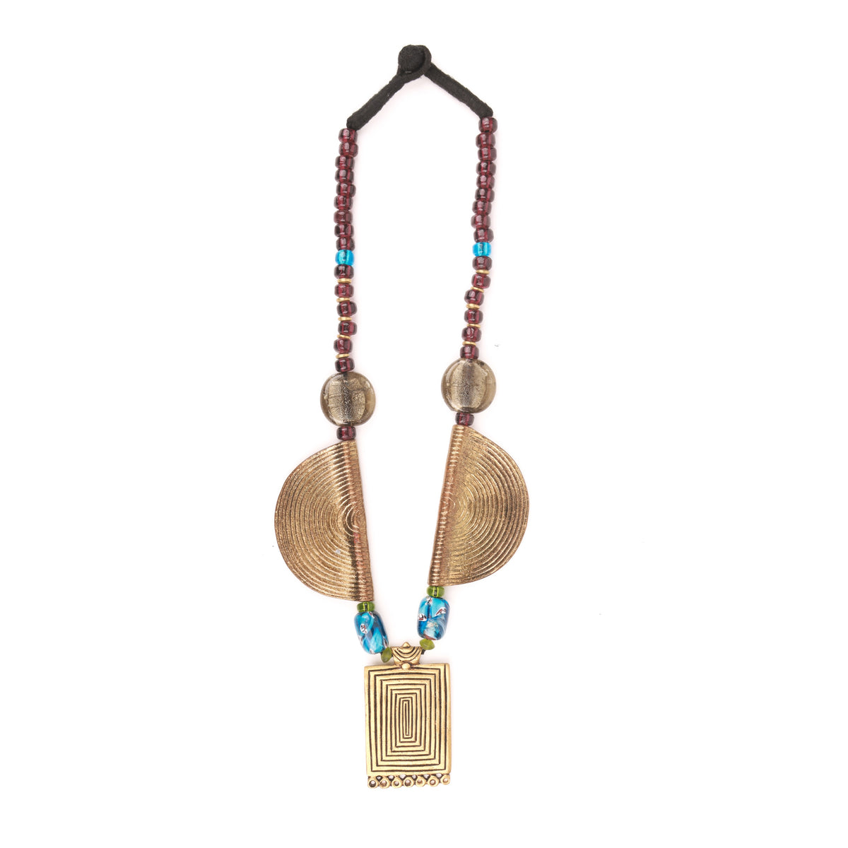 Necklace with Silver Foil Glass Bead, Ceramic Beads & Brass Pendant