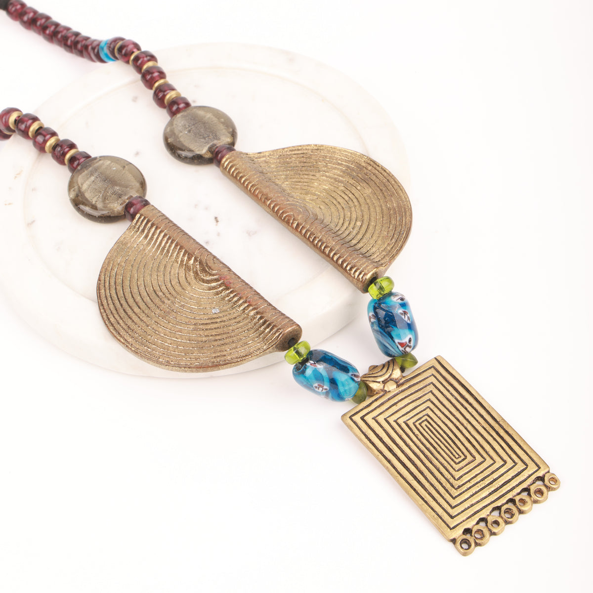 Necklace with Silver Foil Glass Bead, Ceramic Beads & Brass Pendant