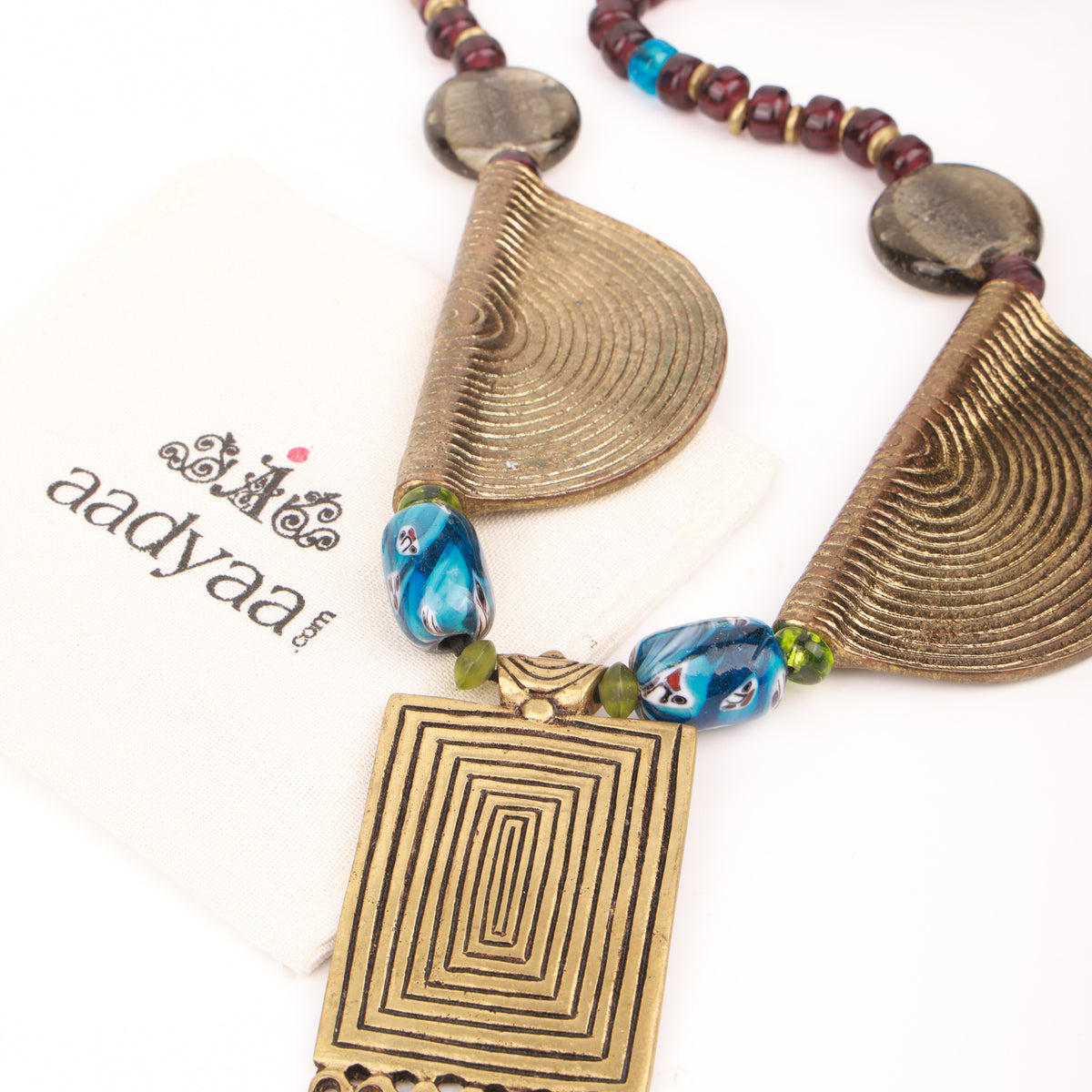 Necklace with Silver Foil Glass Bead, Ceramic Beads & Brass Pendant
