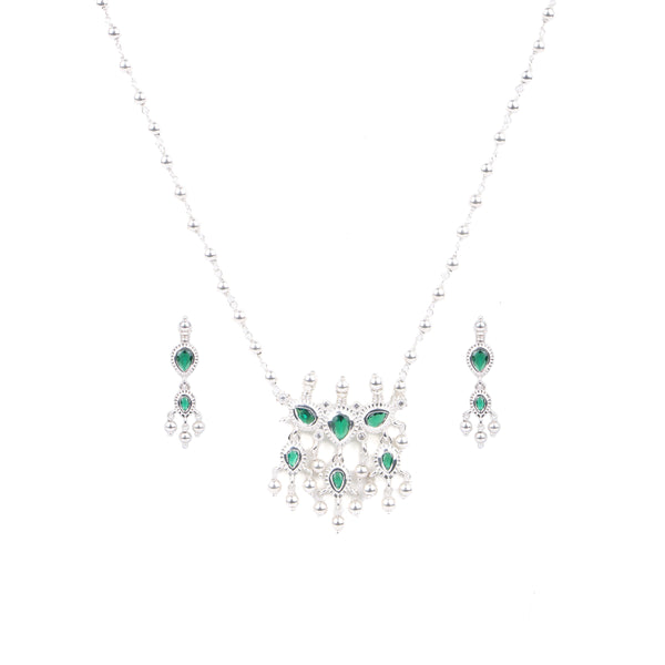 Silver Green CZ Tanmani Set with Sarmanee