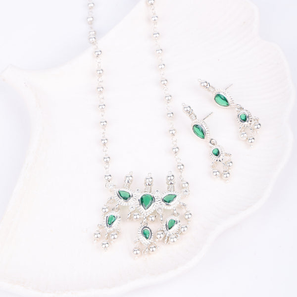 Silver Green CZ Tanmani Set with Sarmanee