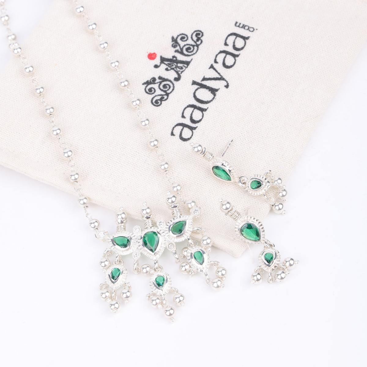 Silver Green CZ Tanmani Set with Sarmanee