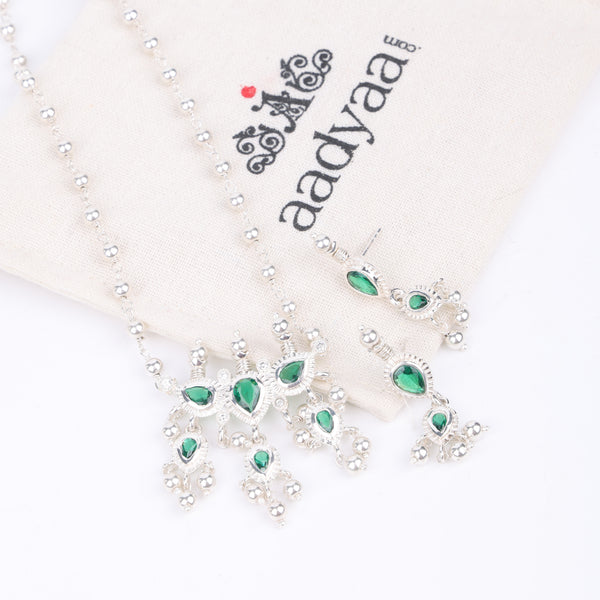 Silver Green CZ Tanmani Set with Sarmanee