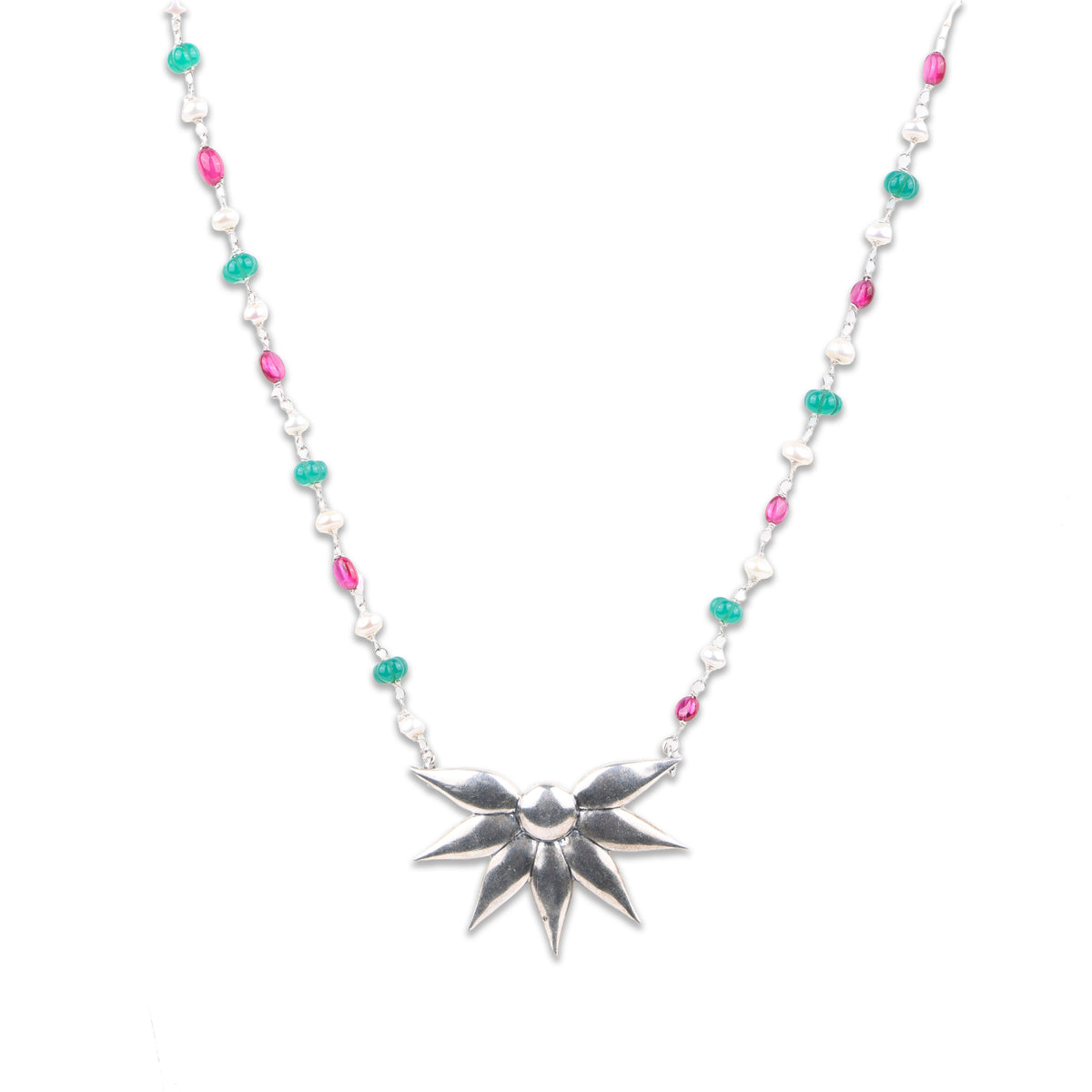 Silver Petal Pendant Necklace with Rubies, Green Onyx & Pearl Ganthan