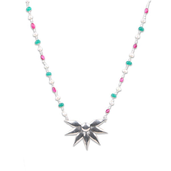 Silver Petal Pendant Necklace with Rubies, Green Onyx & Pearl Ganthan