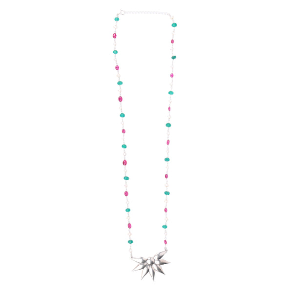 Silver Petal Pendant Necklace with Rubies, Green Onyx & Pearl Ganthan