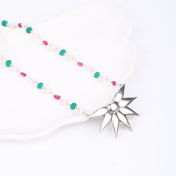 Silver Petal Pendant Necklace with Rubies, Green Onyx & Pearl Ganthan