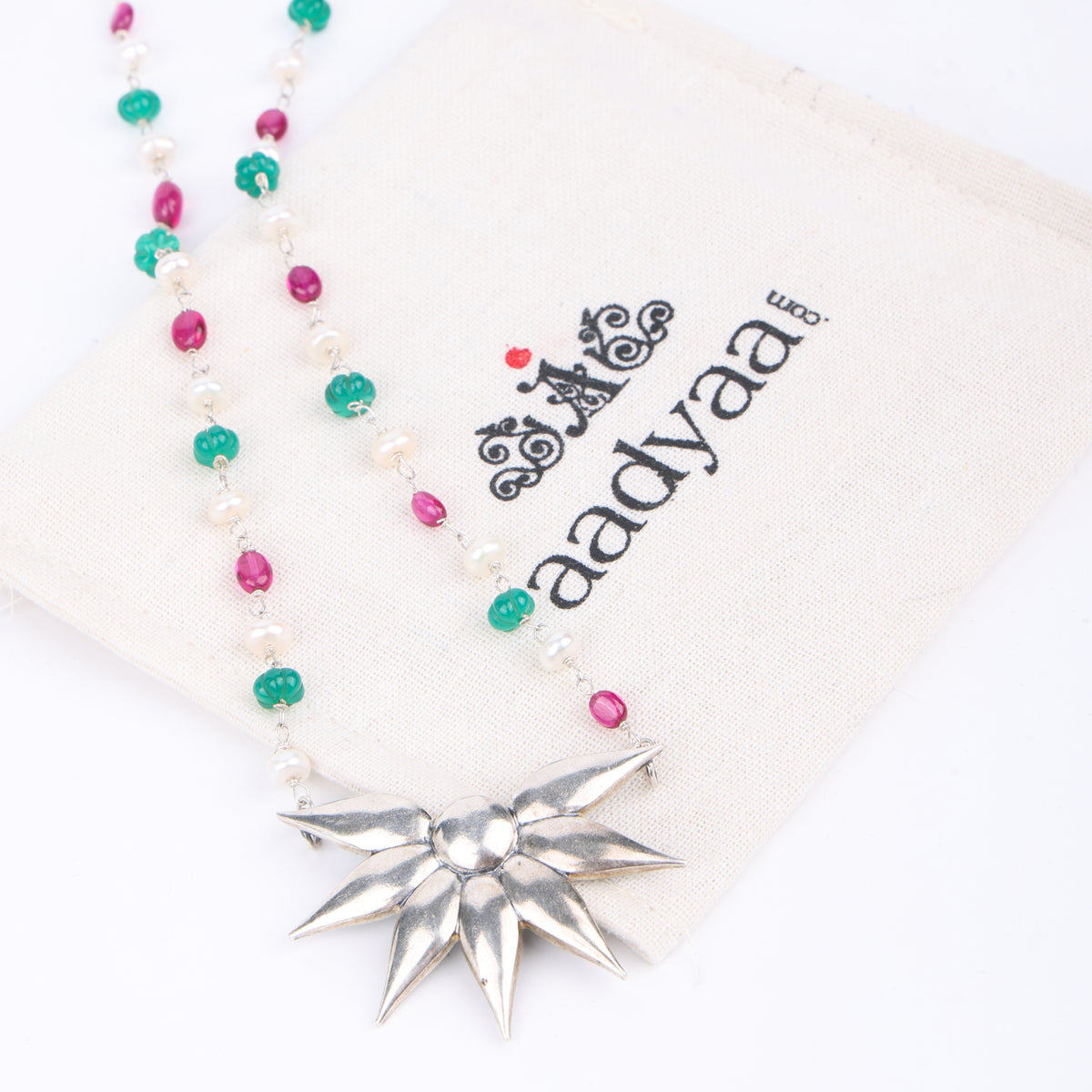 Silver Petal Pendant Necklace with Rubies, Green Onyx & Pearl Ganthan