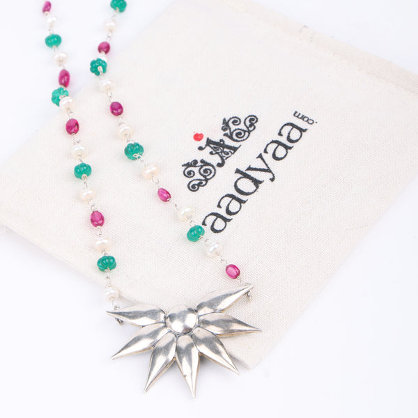 Silver Petal Pendant Necklace with Rubies, Green Onyx & Pearl Ganthan