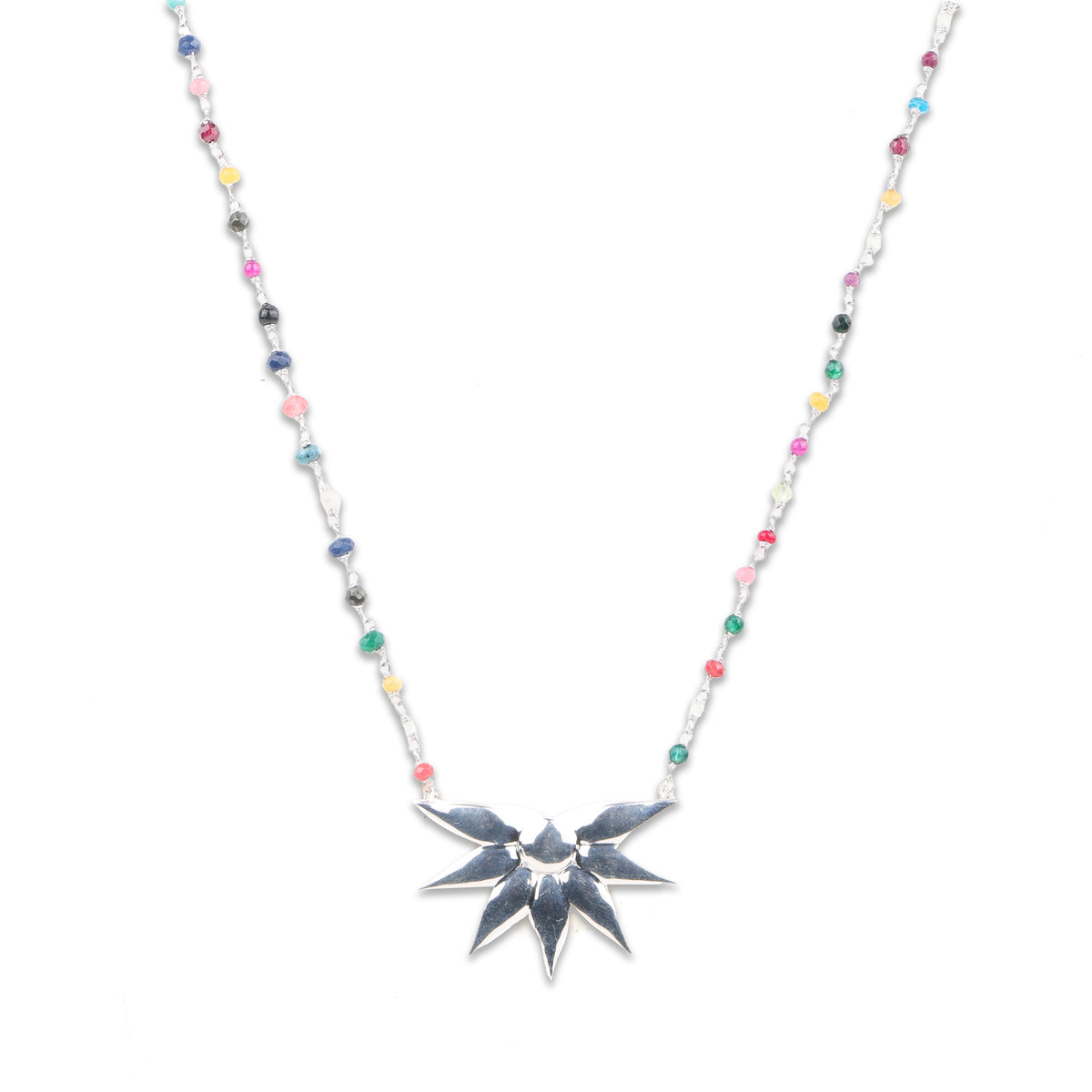Silver Petal Pendant Necklace with Multicolour Stone Ganthan