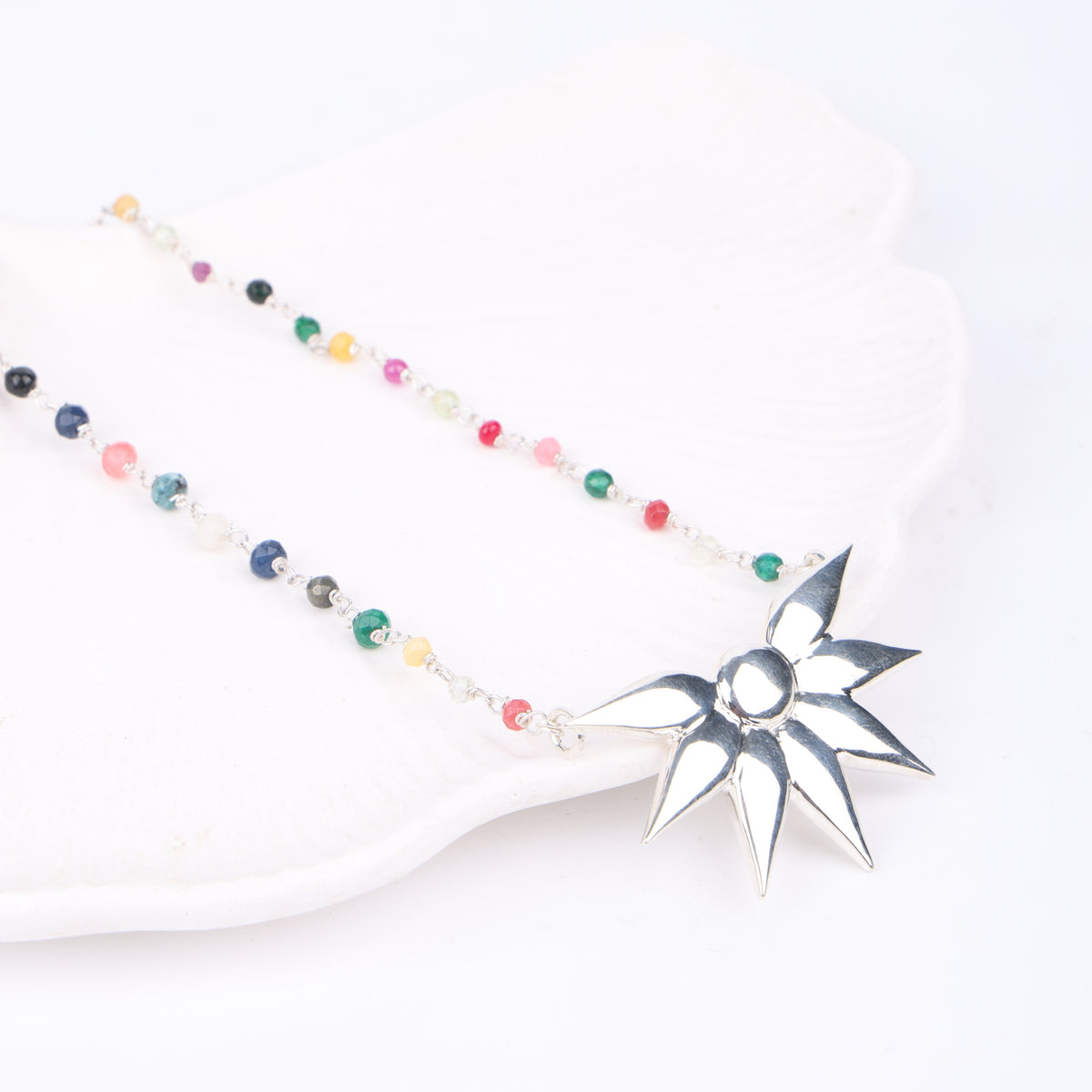 Silver Petal Pendant Necklace with Multicolour Stone Ganthan
