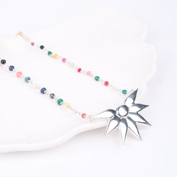 Silver Petal Pendant Necklace with Multicolour Stone Ganthan