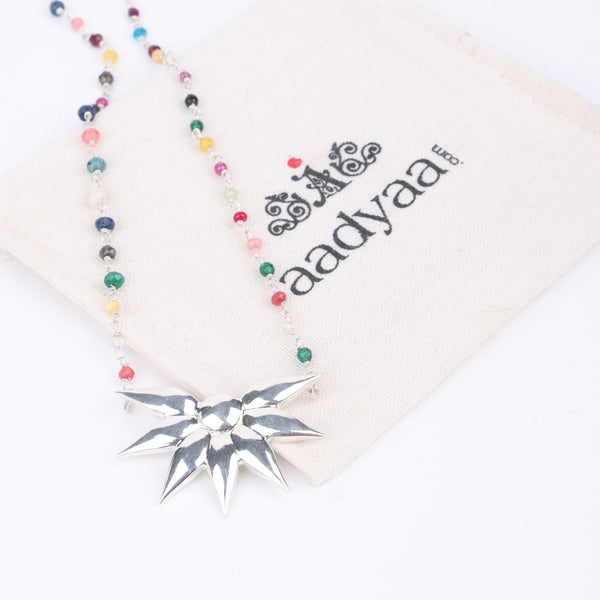 Silver Petal Pendant Necklace with Multicolour Stone Ganthan