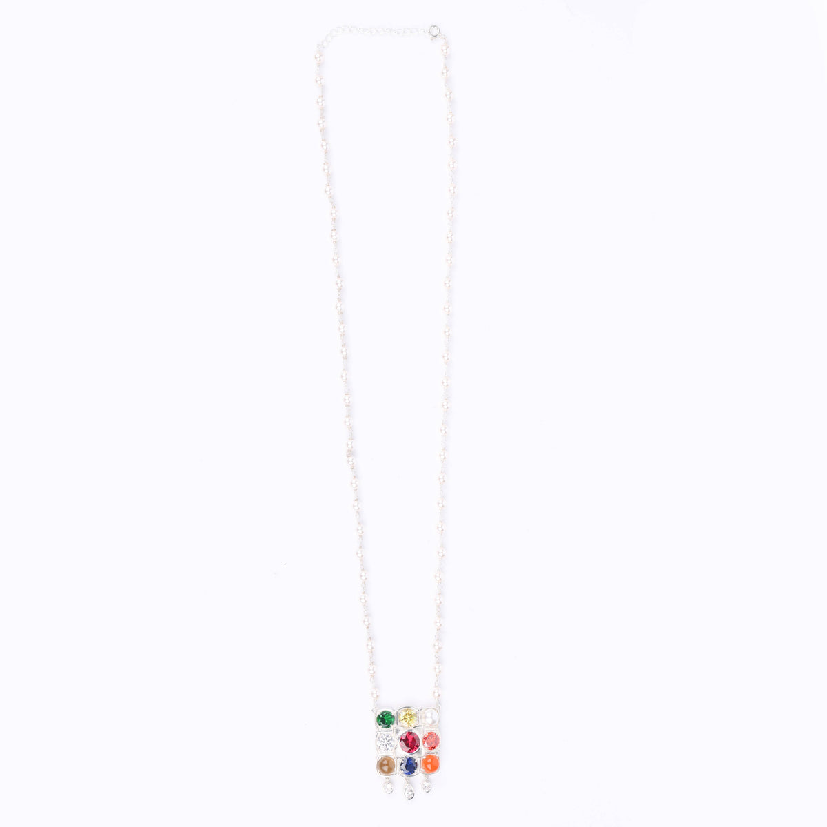 Silver Navratna Pendant with Pearl Ganthan