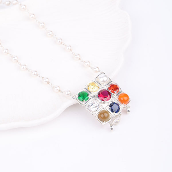 Silver Navratna Pendant with Pearl Ganthan
