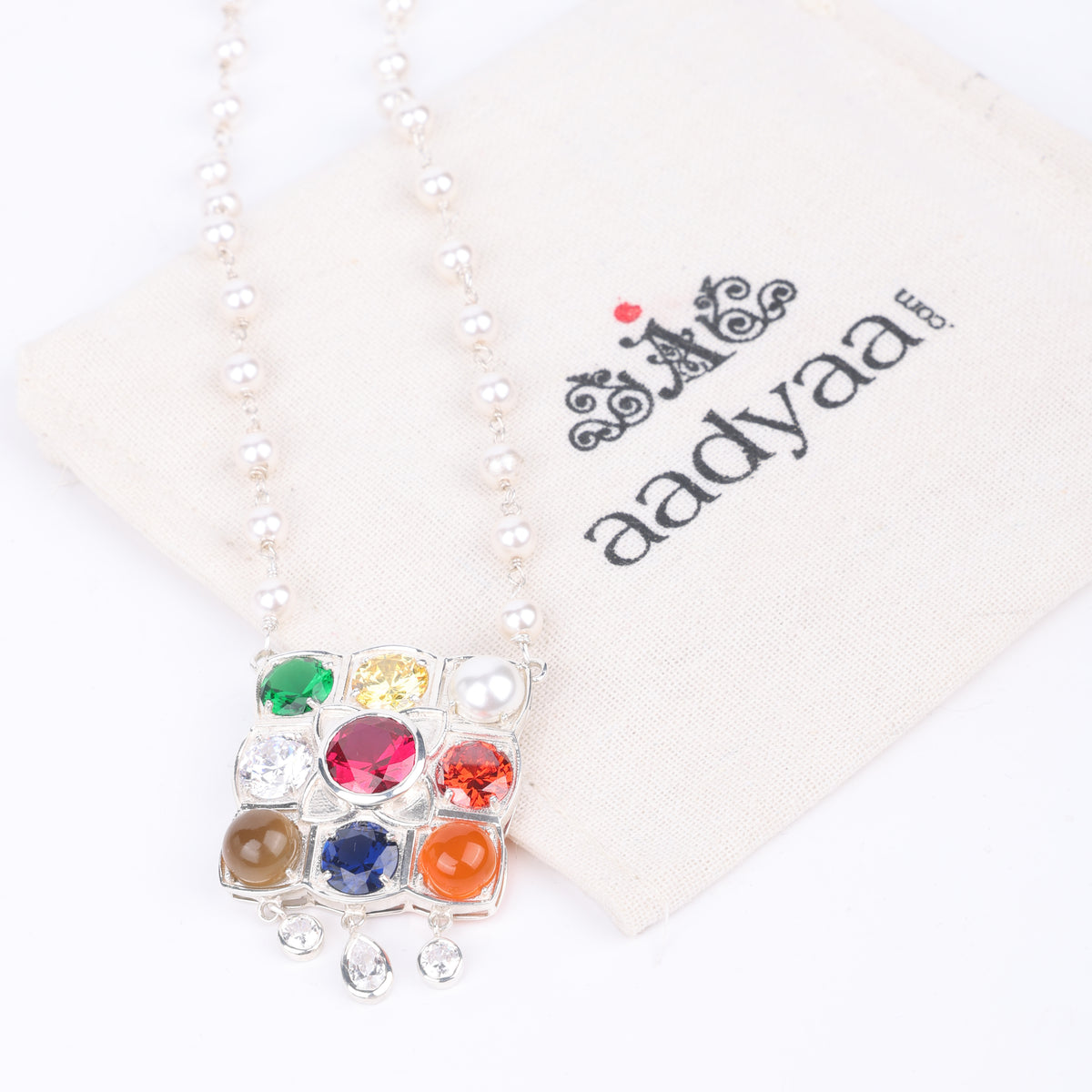 Silver Navratna Pendant with Pearl Ganthan