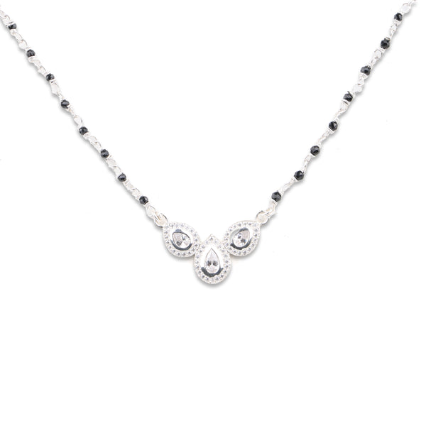Silver CZ Petal Necklace with Black Spinel
