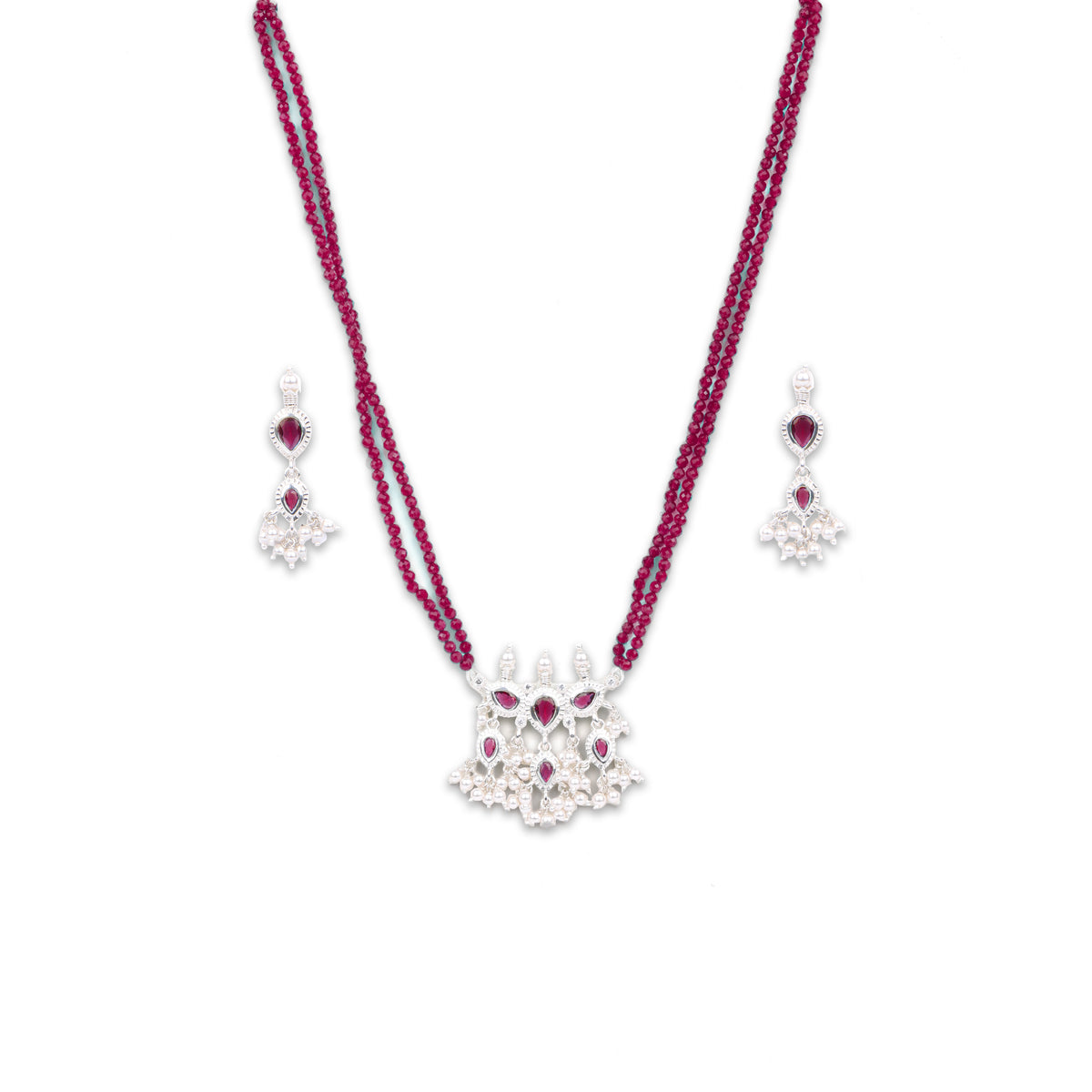 Silver Pink CZ Tanmani Set with Rubies