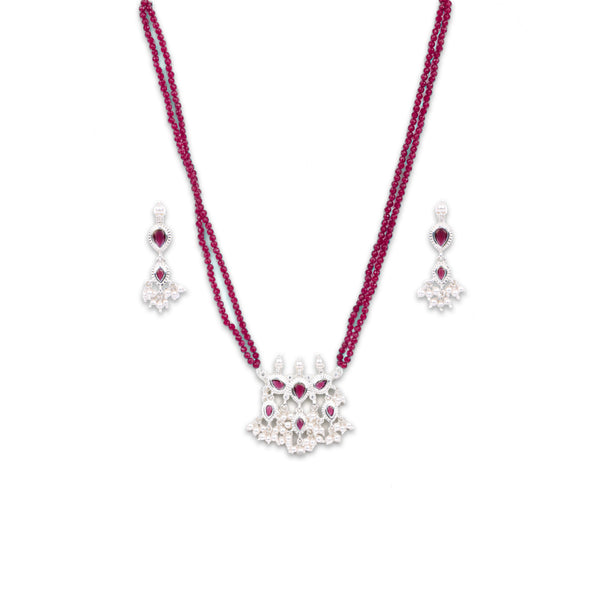 Silver Pink CZ Tanmani Set with Rubies