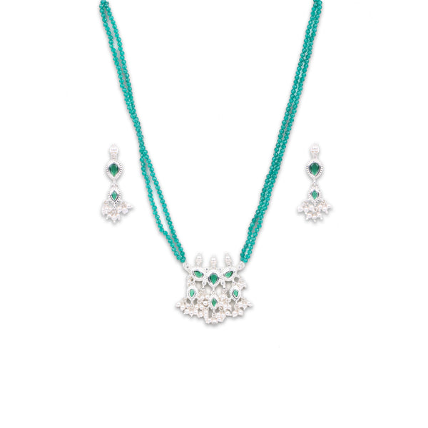 Silver Green CZ Tanmani Set with Green Onyx