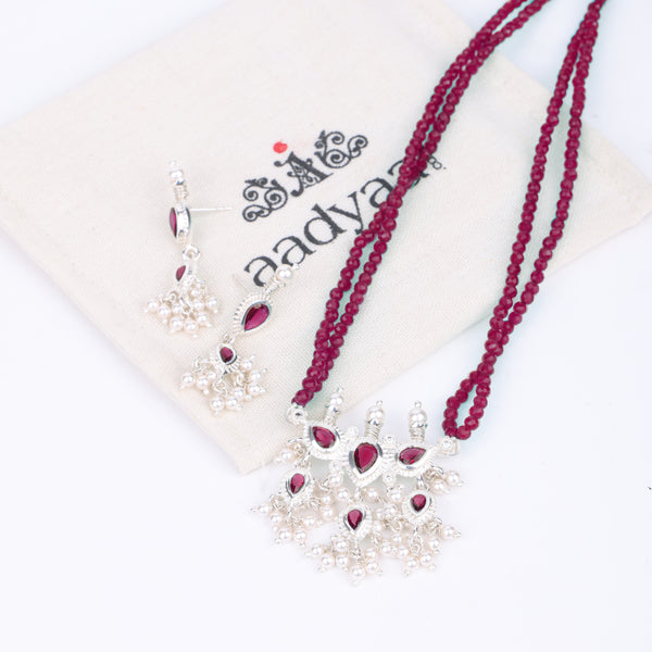 Silver Pink CZ Tanmani Set with Rubies
