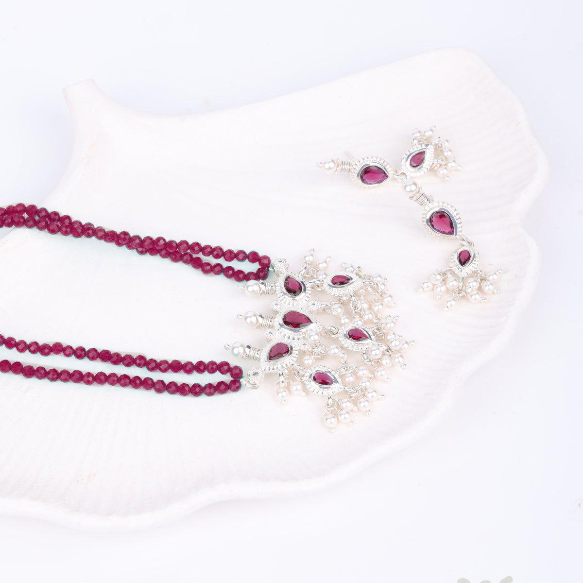 Silver Pink CZ Tanmani Set with Rubies