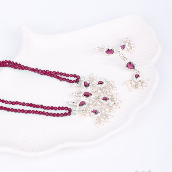 Silver Pink CZ Tanmani Set with Rubies