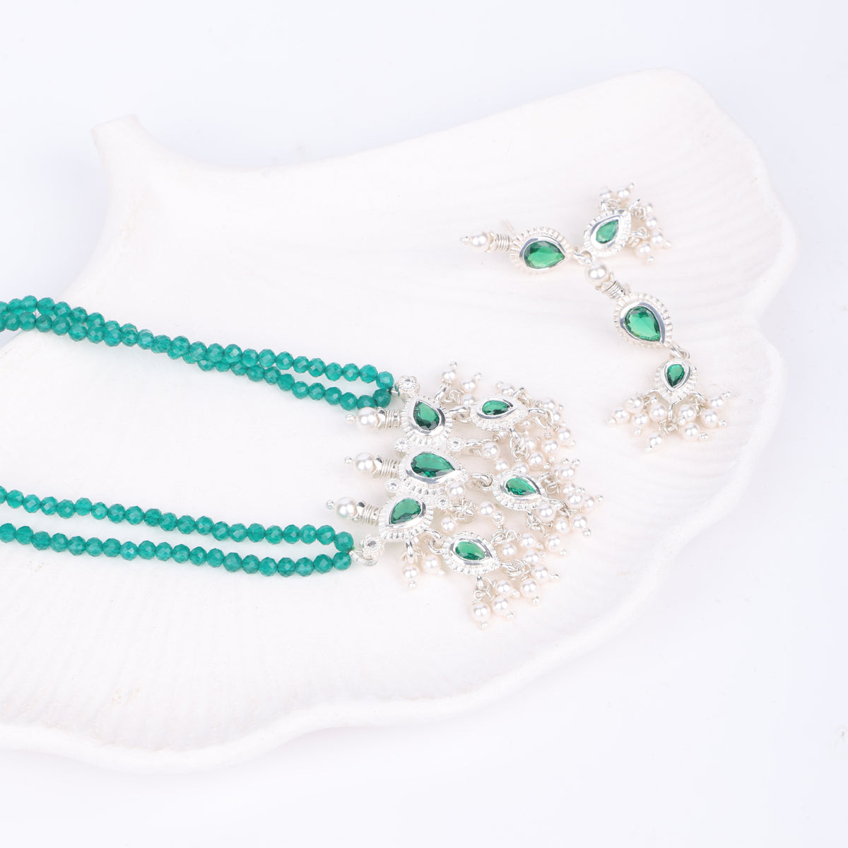 Silver Green CZ Tanmani Set with Green Onyx