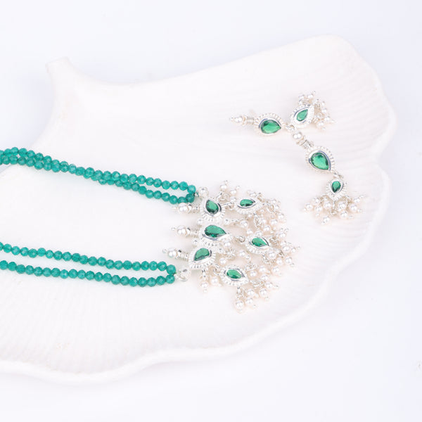 Silver Green CZ Tanmani Set with Green Onyx