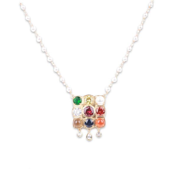 Navratna Pendant with Pearl Ganthan | 22K Gold-Plated