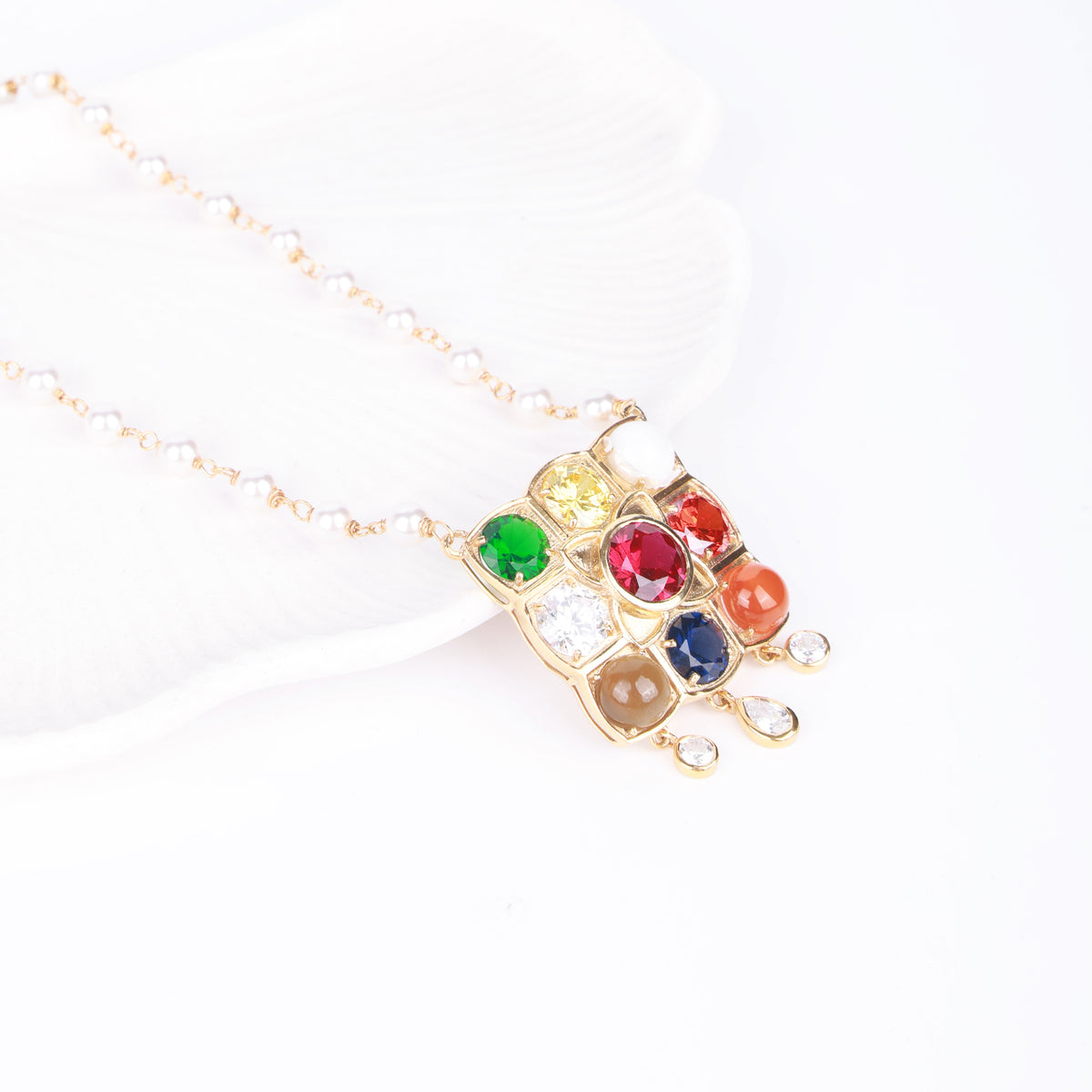 Navratna Pendant with Pearl Ganthan | 22K Gold-Plated