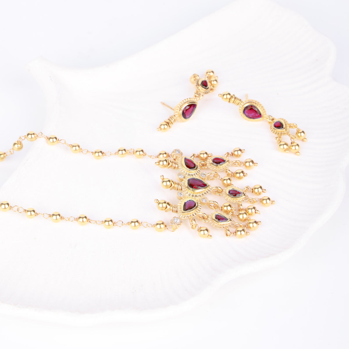 Pink CZ Tanmani Set with Sarmanee | 22K Gold-Plated