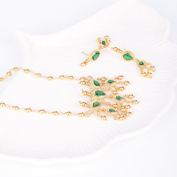 Green CZ Tanmani Set with Sarmanee | 22K Gold-Plated