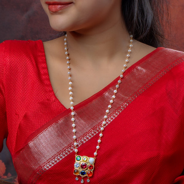 Navratna Pendant with Pearl Ganthan | 22K Gold-Plated