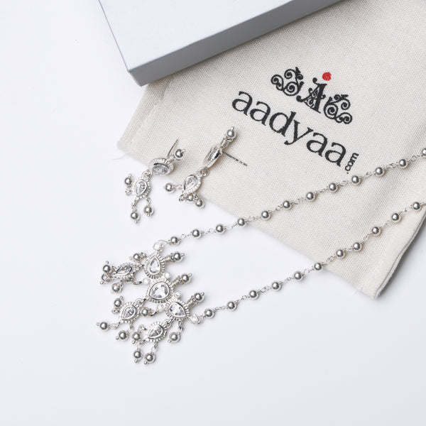Silver White CZ Tanmani Set with Sarmanee