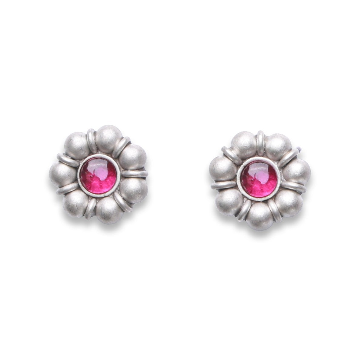 Oxidised Silver Pink Flower Stud Earrings