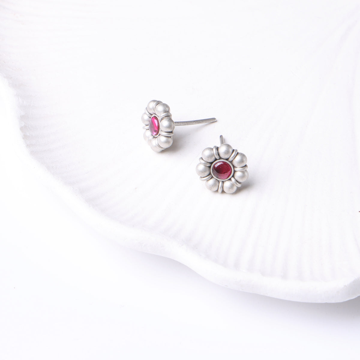 Oxidised Silver Pink Flower Stud Earrings