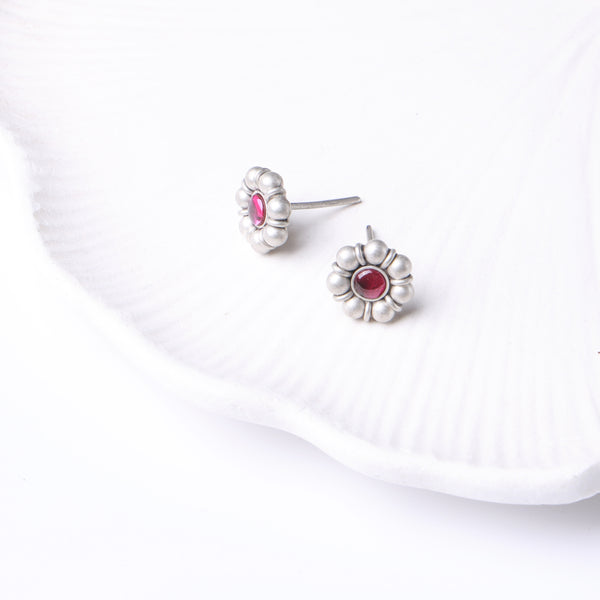Oxidised Silver Pink Flower Stud Earrings