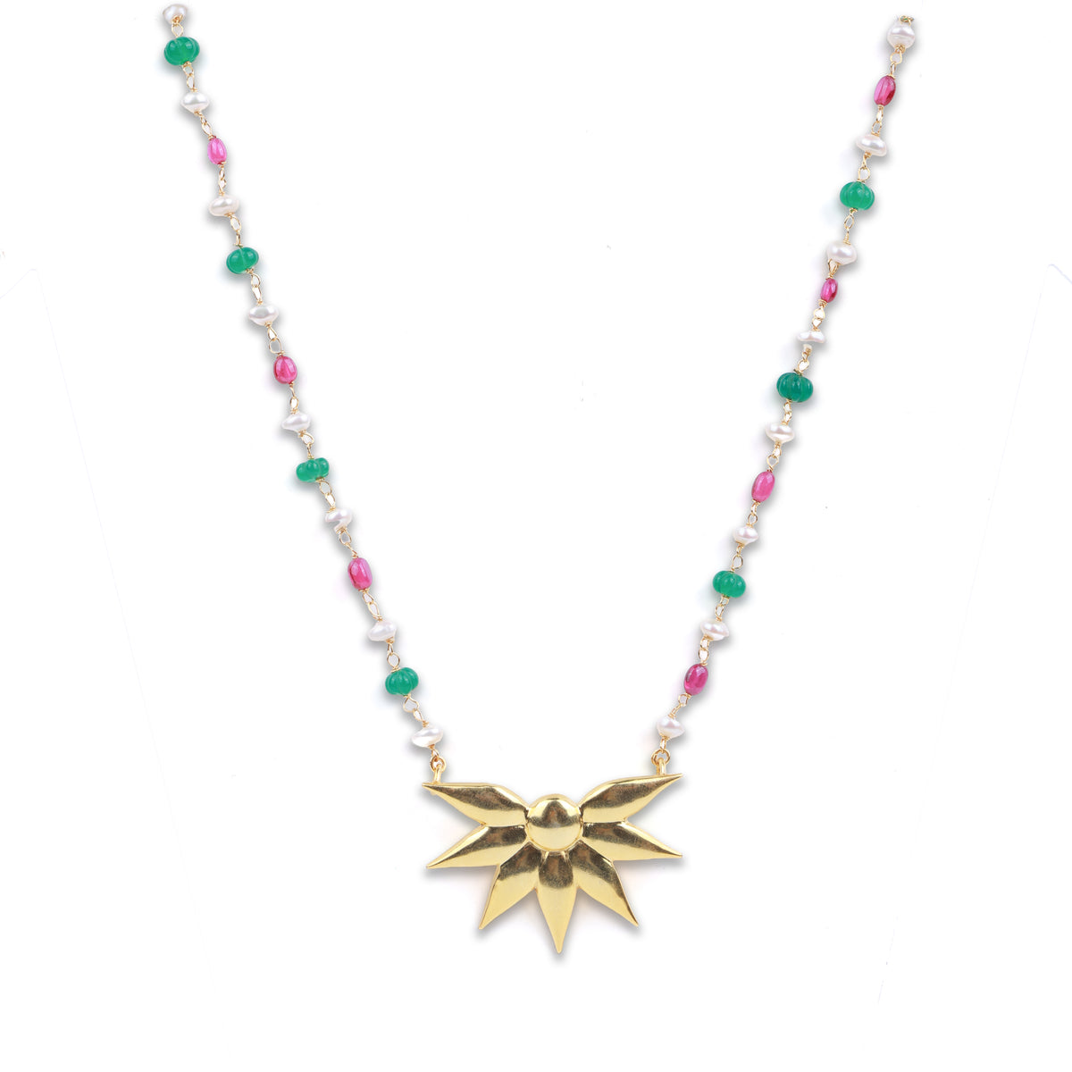 Petal Pendant Necklace with Rubies, Green Onyx & Pearl Ganthan | 22K Gold-Plated