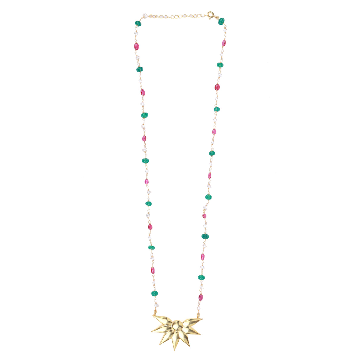 Petal Pendant Necklace with Rubies, Green Onyx & Pearl Ganthan | 22K Gold-Plated