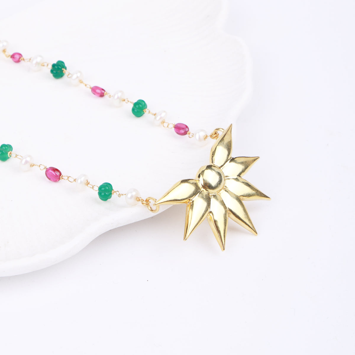 Petal Pendant Necklace with Rubies, Green Onyx & Pearl Ganthan | 22K Gold-Plated