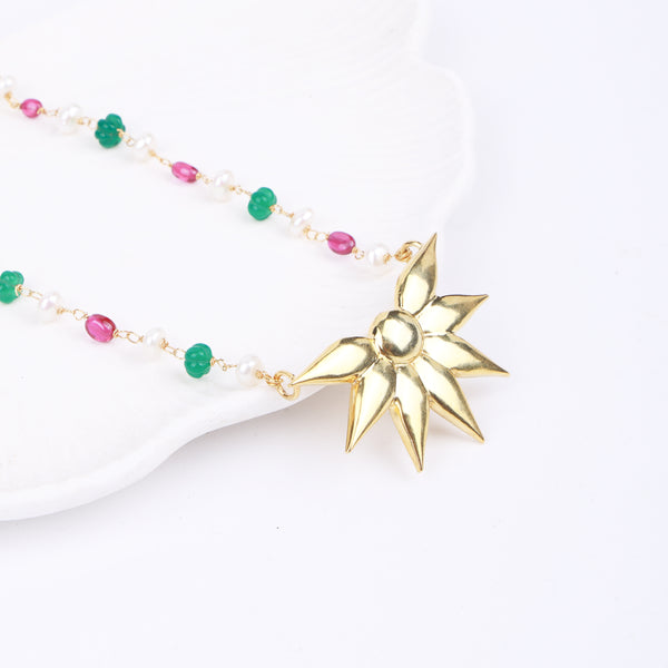 Petal Pendant Necklace with Rubies, Green Onyx & Pearl Ganthan | 22K Gold-Plated