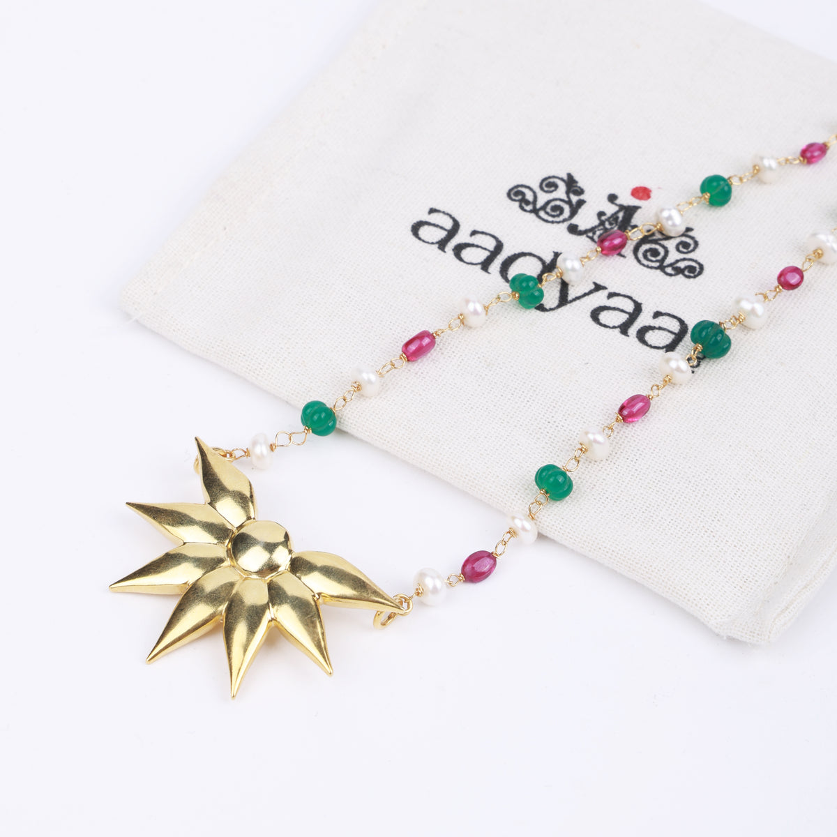 Petal Pendant Necklace with Rubies, Green Onyx & Pearl Ganthan | 22K Gold-Plated