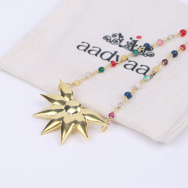 Petal Pendant Necklace with Multicolour Stone Ganthan | 22K Gold-Plated