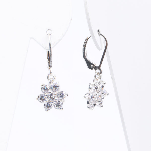 Silver CZ Flower Dangle Earrings