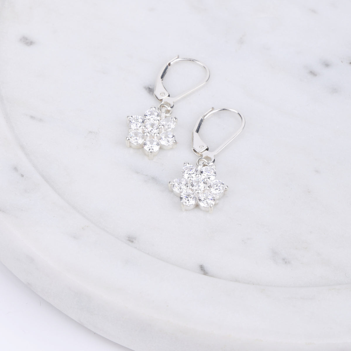 Silver CZ Flower Dangle Earrings